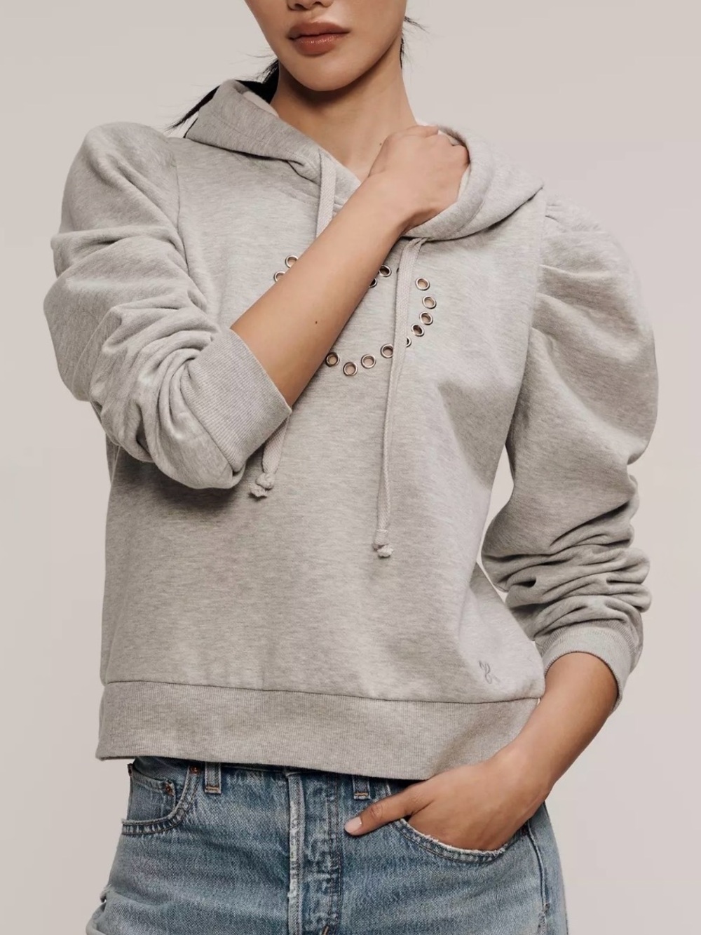 Maeve Puff-Sleeve Grommet Heart Sweatshirt Anthropologie M